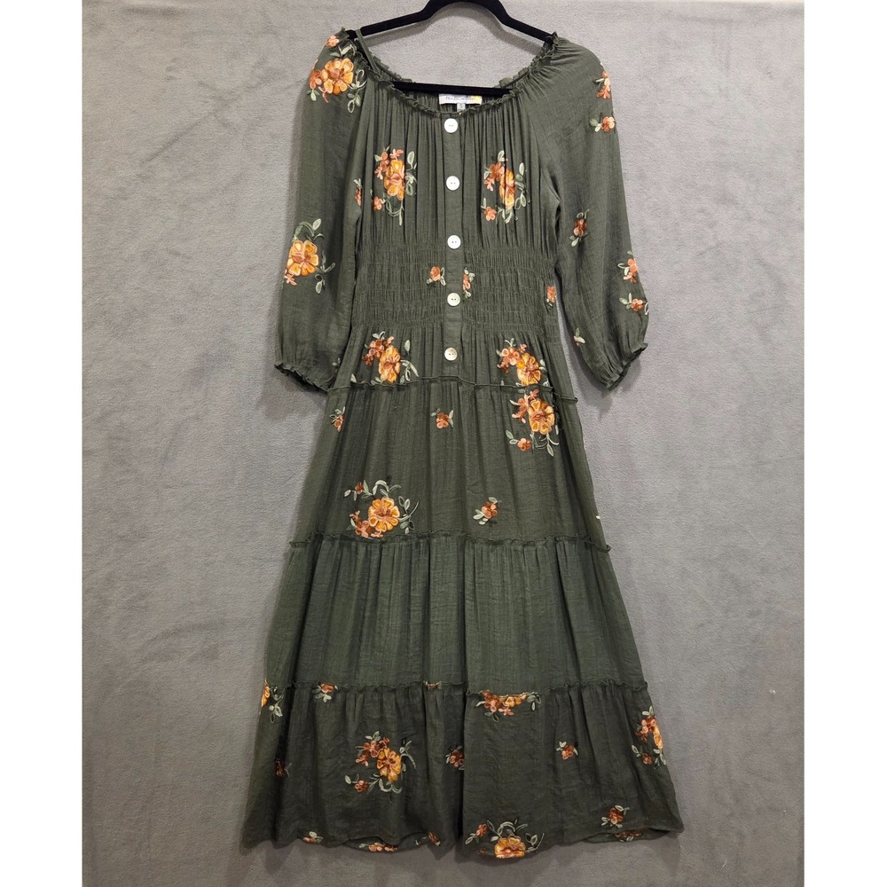 Floral Tiered Midi Dress in Olive with Button Front